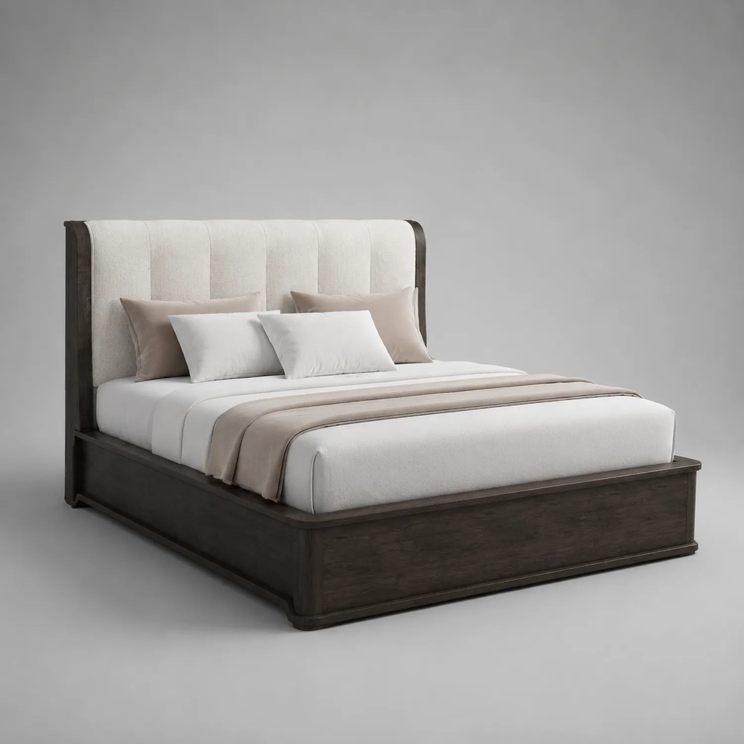 Doppelbett mit Polsterkopfteil aus Holz 200x180 cm Dunkelbraun/Creme