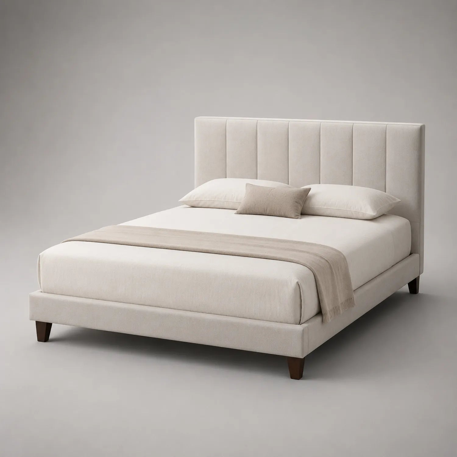 Doppelbett mit Holzrahmen und Polyesterbezug, Beige