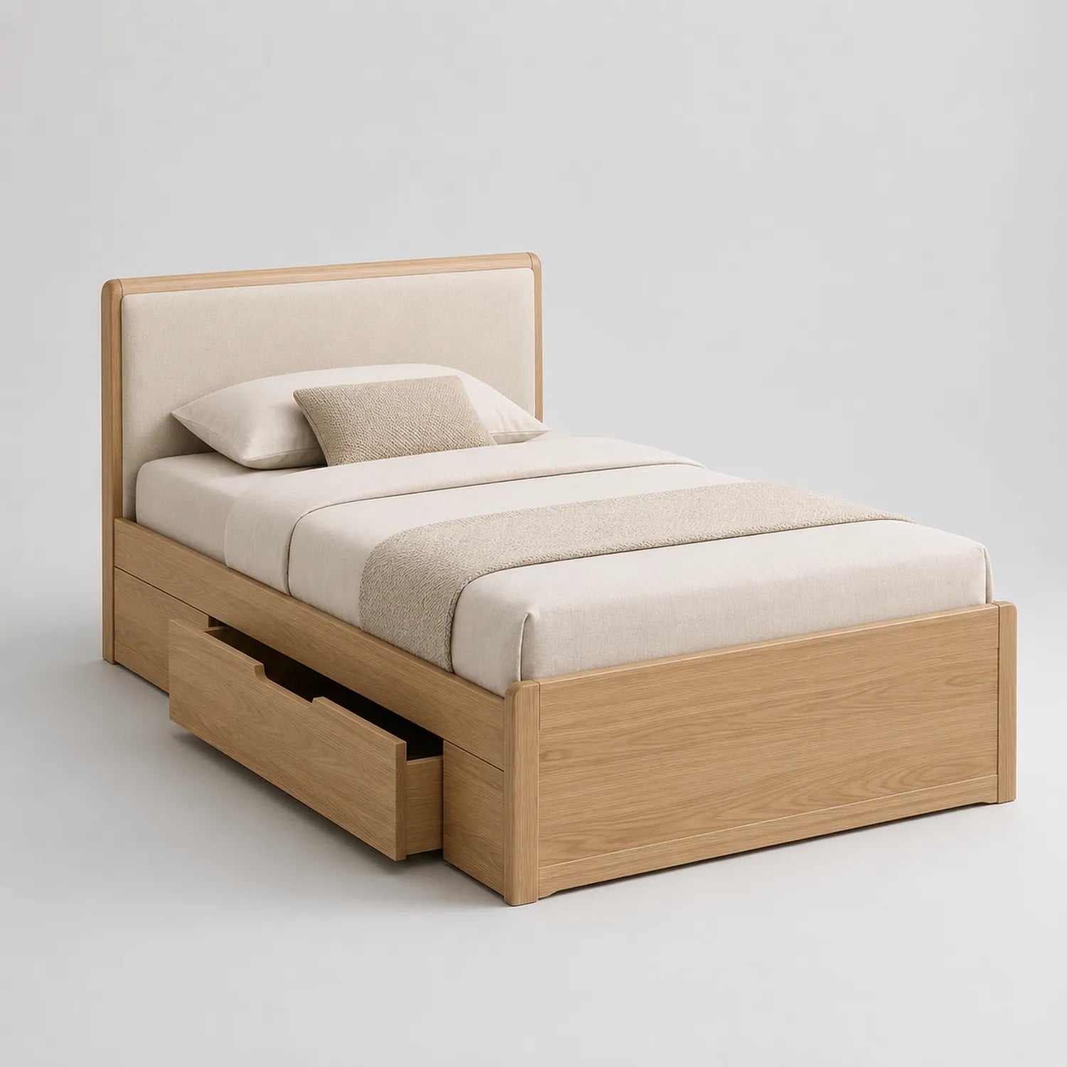 Einzelbett aus Eiche mit Stauraumschubladen und Polsterkopfteil 200x100x90 cm