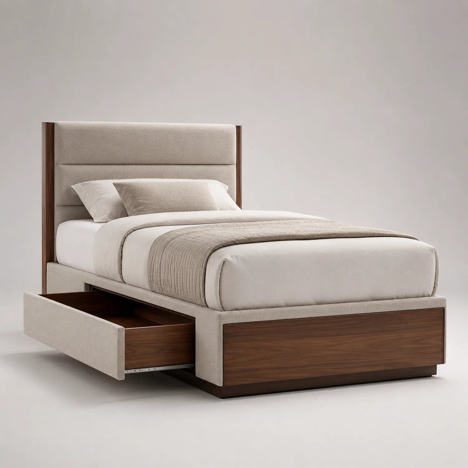 Einzelbett mit Stauraum 200x100 cm Holz und Leinen Beige